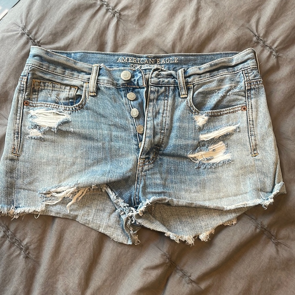 AE high rise medium wash denim short